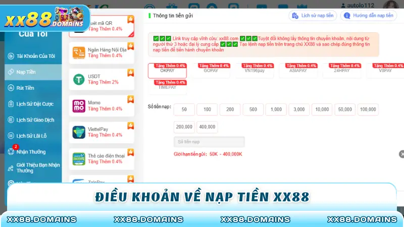 Điều khoản về nạp tiền XX88